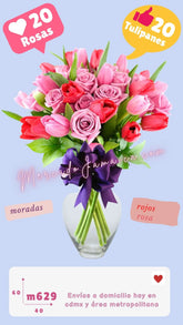 Arreglo floral con rosas y tulipanes